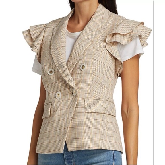 $595 Veronica Beard Janae Plaid Ruffle Blazer Jacket Button Up Khaki Multi Sz 00 - Picture 2 of 14